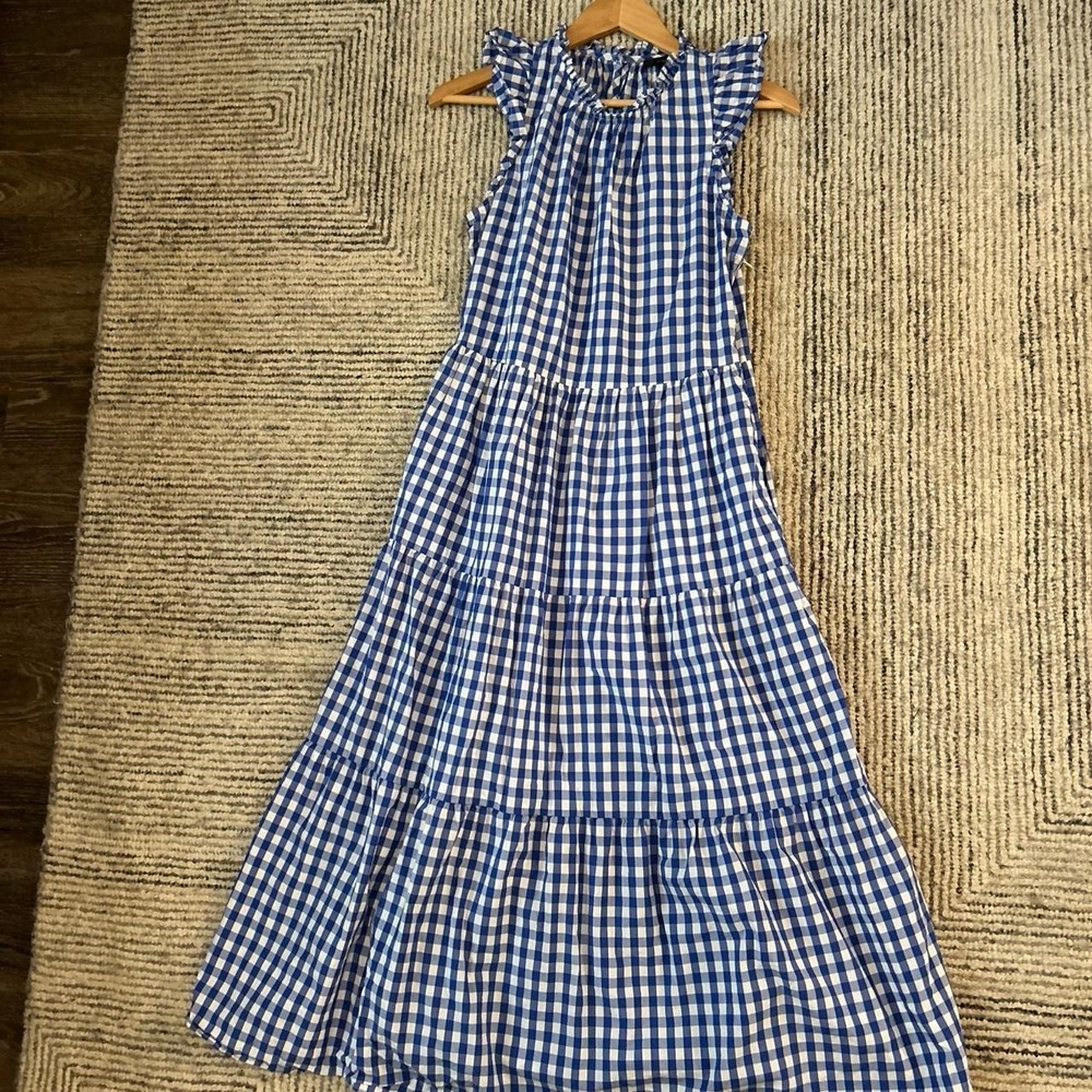 J. Crew Gingham Maxi Dress Plaid Tiered Cottagecore with tie back Small Tall ST